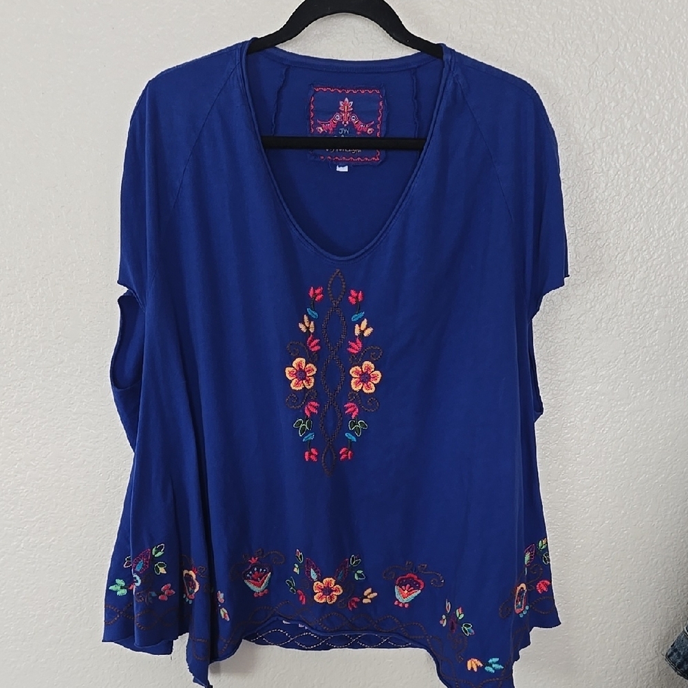 JOHNNY WAS  Embroidered Blue Women's Top L